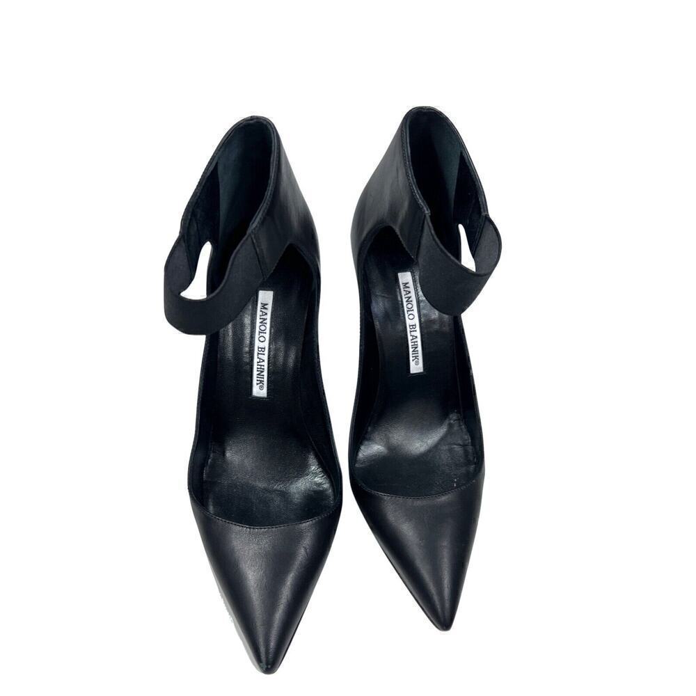 MANOLO BLAHNIK BLACK LEATHER POINTY TOE PUMPS WITH ANKLE STRAP SZ 8.5 EUC - Picture 5 of 5